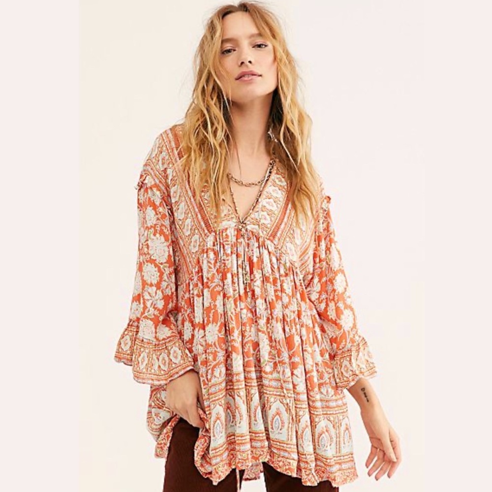 Free People Moonlight Dance Printed Red Coral Tunic Size XL